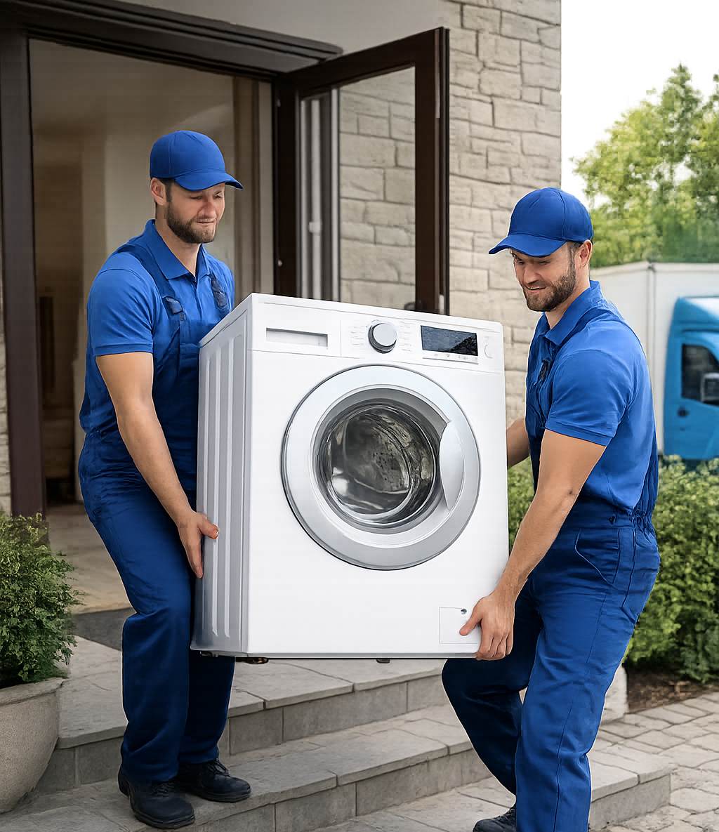 Zwei Möbelpacker tragen eine Waschmaschine – Möbeltransport Nürnberg und Fürth
